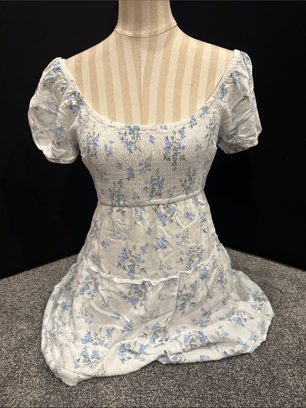 Hollister White Floral Smocked Puff Sleeve Mini Dress with Light Blue Print